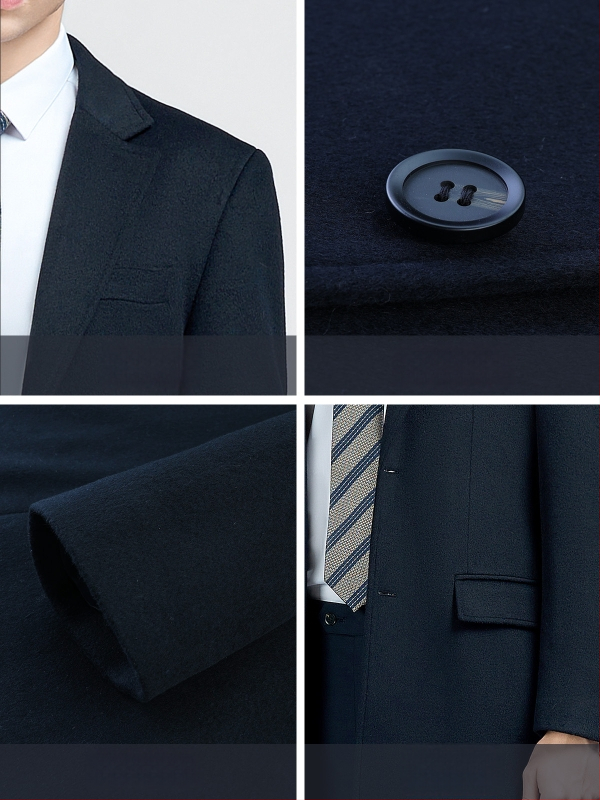 Pánsky vlnený kabát, dlhý, jednoradový, s golierom saka, jednofarebný, zimný hrubý, vrecká patch