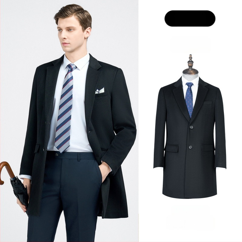 Pánsky vlnený kabát, dlhý, jednoradový, s golierom saka, jednofarebný, zimný hrubý, vrecká patch