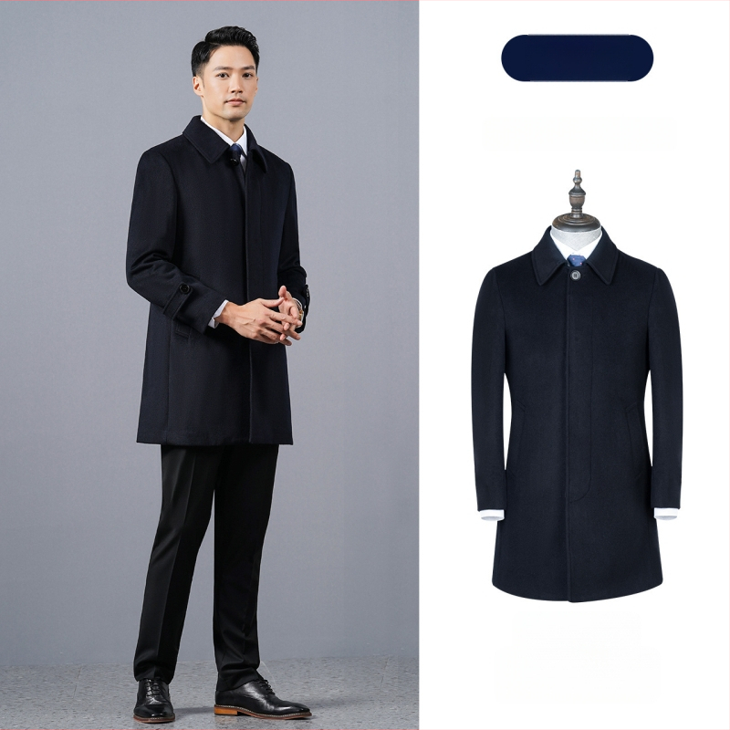 Pánsky vlnený kabát, dlhý, jednoradový, s golierom saka, jednofarebný, zimný hrubý, vrecká patch
