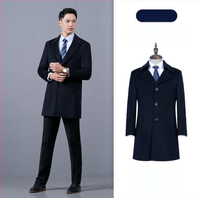 Pánsky vlnený kabát, dlhý, jednoradový, s golierom saka, jednofarebný, zimný hrubý, vrecká patch
