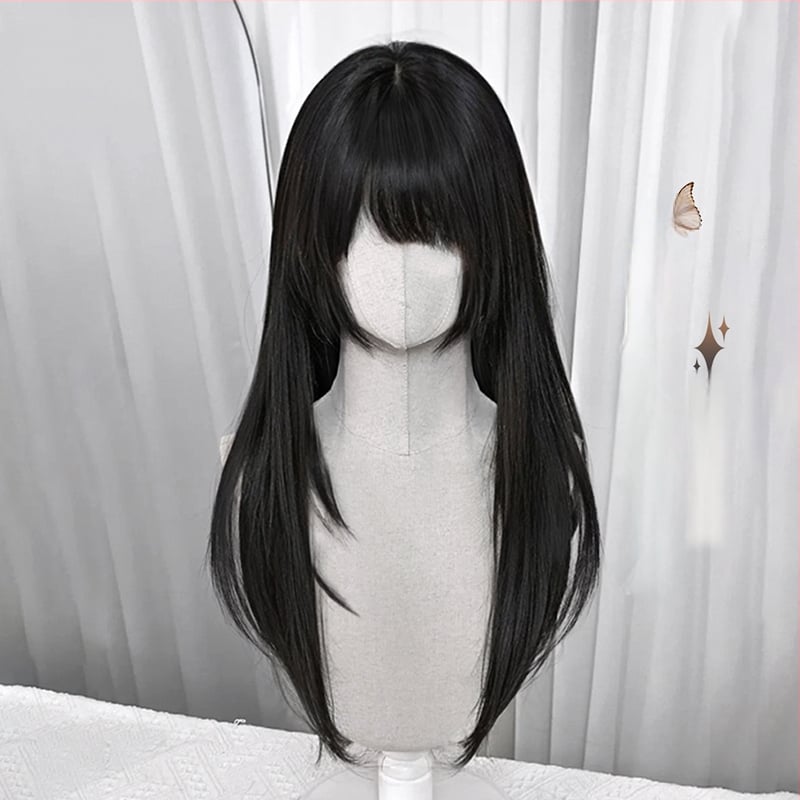 Dlhá rovná peruka s bočnými ofinkami, model XJ-GHH-005, materiál proteínový hodváb, mechanické spracovanie, tvaruje tvár, mladistvý vzhľad