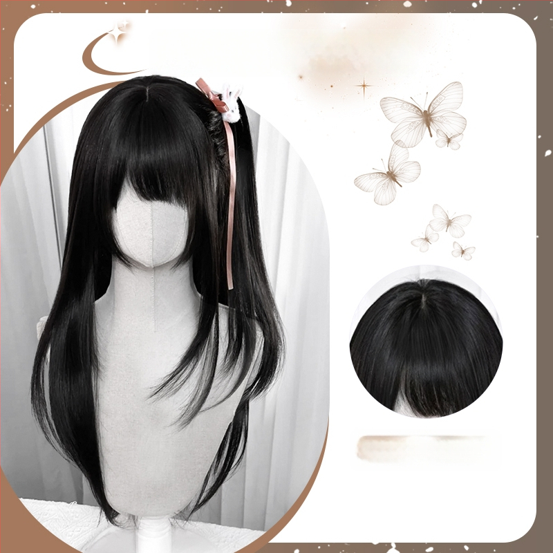 Dlhá rovná peruka s bočnými ofinkami, model XJ-GHH-005, materiál proteínový hodváb, mechanické spracovanie, tvaruje tvár, mladistvý vzhľad