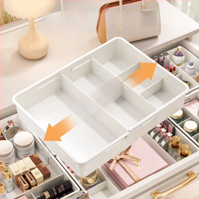 Laiendatav sahtli organiseerija karp jaotustükkidega, PP materjal, ilma kaaneta, eraldi jagaja kaasas, 1 L maht, sobib köögile, lauale, meigilauale ja sügavatele kappidele