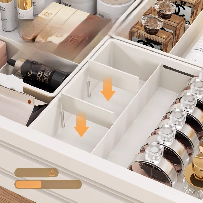 Laiendatav sahtli organiseerija karp jaotustükkidega, PP materjal, ilma kaaneta, eraldi jagaja kaasas, 1 L maht, sobib köögile, lauale, meigilauale ja sügavatele kappidele