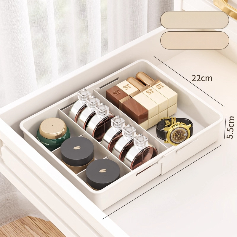 Laiendatav sahtli organiseerija karp jaotustükkidega, PP materjal, ilma kaaneta, eraldi jagaja kaasas, 1 L maht, sobib köögile, lauale, meigilauale ja sügavatele kappidele