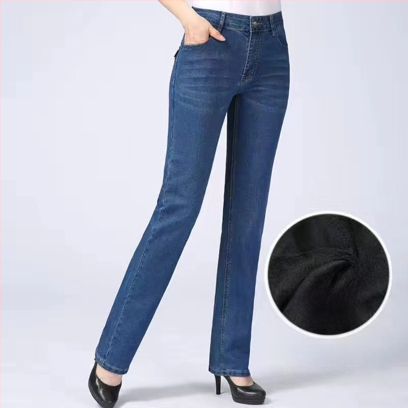 Naiste teksapüksid – sirge lõige, kõrge vöökoht, pikad püksid, paks denim puuvill (Denim Cotton; High Waist; Long Pants; Thickened)