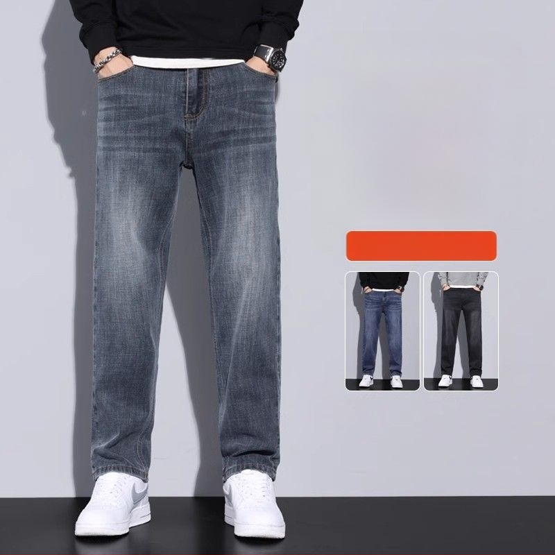 Meeste denim teksad — sirge lõige, fliisvooder, keskjooneline vöökoht, nupuga sulgemine, 60%+ puuvill