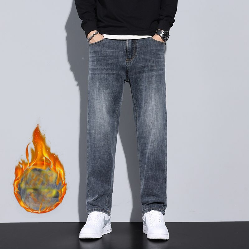 Meeste denim teksad — sirge lõige, fliisvooder, keskjooneline vöökoht, nupuga sulgemine, 60%+ puuvill