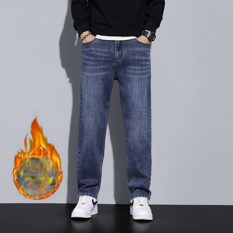 Meeste denim teksad — sirge lõige, fliisvooder, keskjooneline vöökoht, nupuga sulgemine, 60%+ puuvill