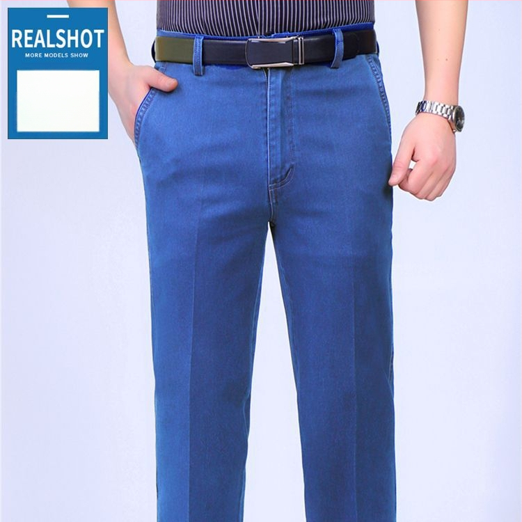 Meeste casual farkud: kõrge vöökoht, sirge lõige, tõmblukk, keskmine elastus