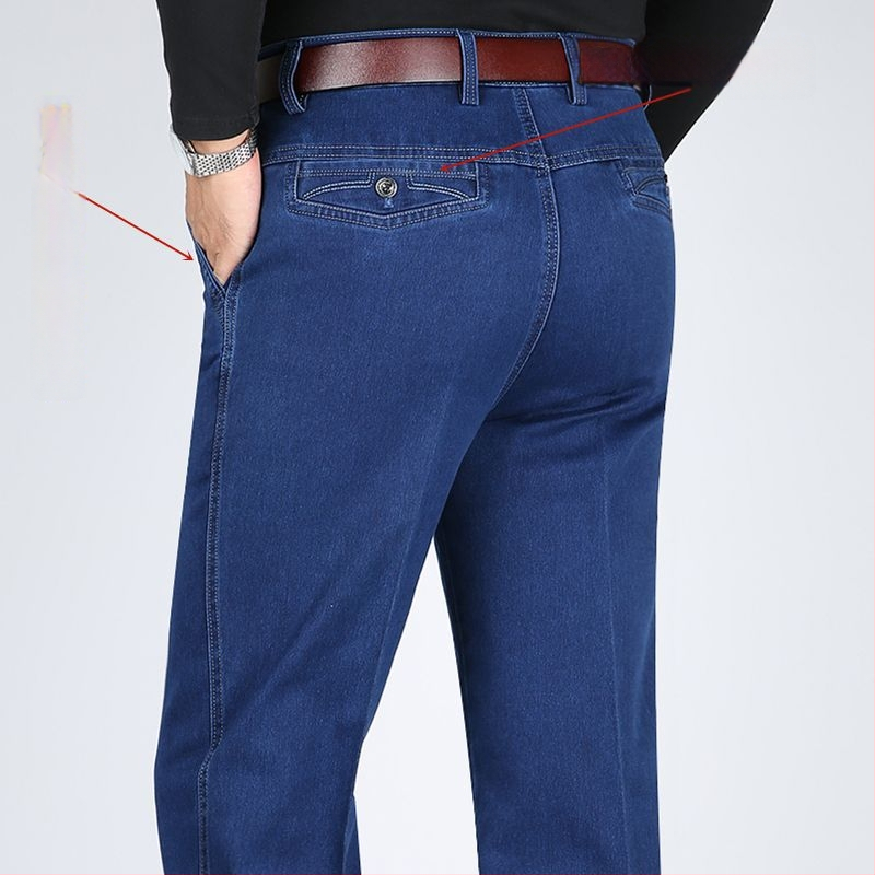 Meeste casual farkud: kõrge vöökoht, sirge lõige, tõmblukk, keskmine elastus