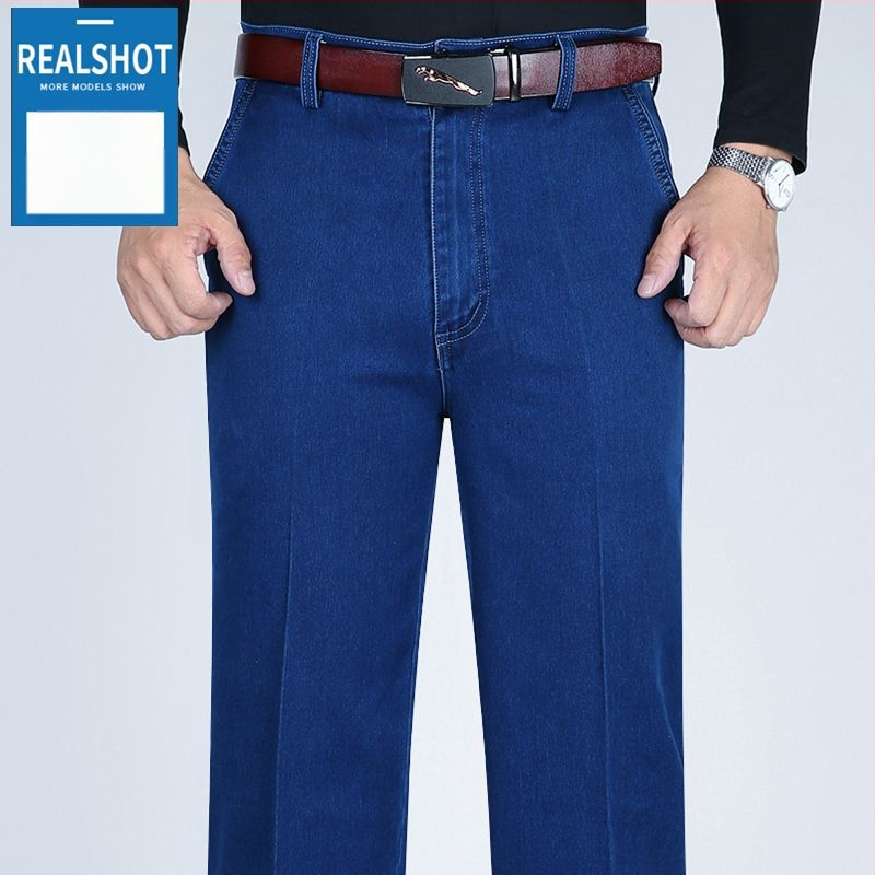 Meeste casual farkud: kõrge vöökoht, sirge lõige, tõmblukk, keskmine elastus