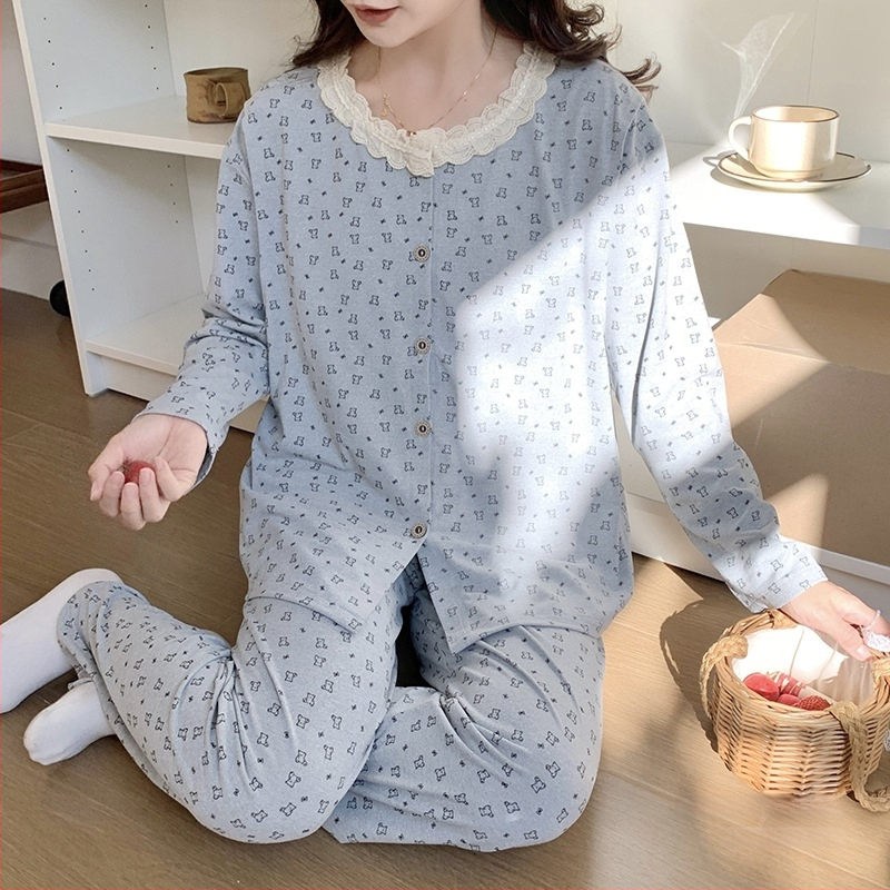 Emade imetamise pijamakomplekt, pikad varrukad, ümmargune kaelus, vaba stiil, 95% polüester + 5% elastaani