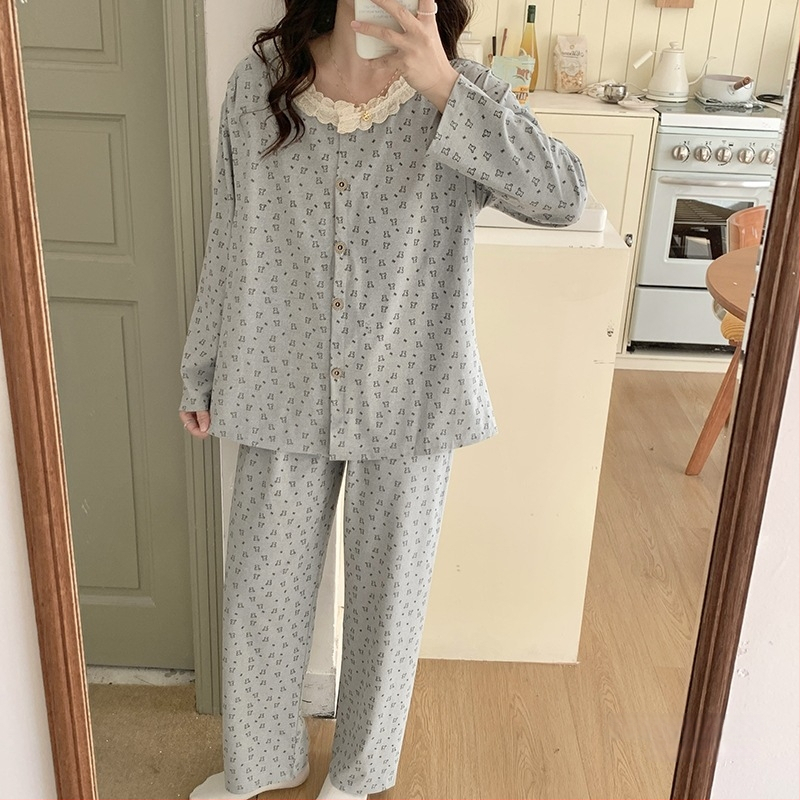 Emade imetamise pijamakomplekt, pikad varrukad, ümmargune kaelus, vaba stiil, 95% polüester + 5% elastaani