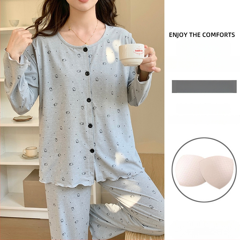 Emade imetamise pijamakomplekt, pikad varrukad, ümmargune kaelus, vaba stiil, 95% polüester + 5% elastaani