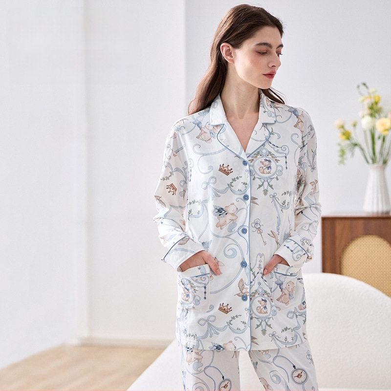 Lyocell set nočného oblečenia pre dojčenie a tehotenstvo, víla štýl, V-krk, dlhé rukávy, dlhé nohavice, jeseň 2025 vydanie