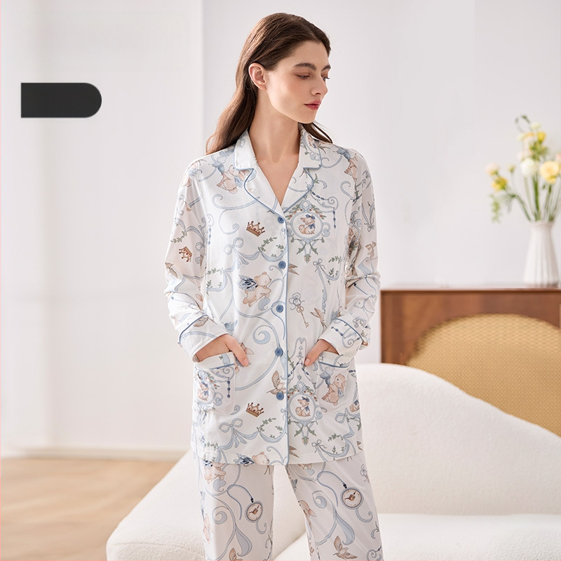 Lyocell set nočného oblečenia pre dojčenie a tehotenstvo, víla štýl, V-krk, dlhé rukávy, dlhé nohavice, jeseň 2025 vydanie