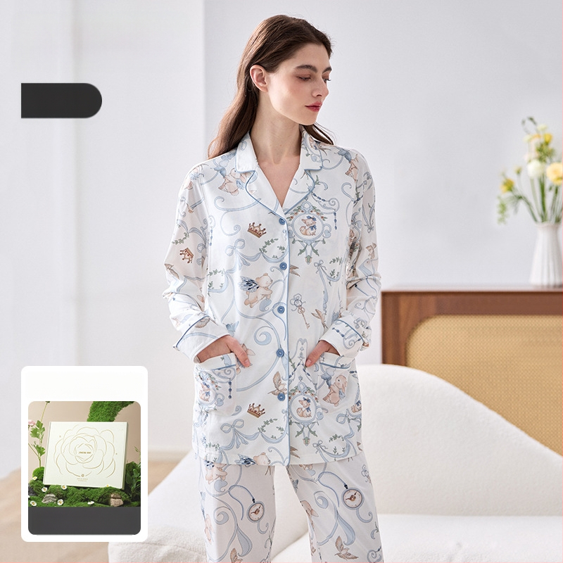 Lyocell set nočného oblečenia pre dojčenie a tehotenstvo, víla štýl, V-krk, dlhé rukávy, dlhé nohavice, jeseň 2025 vydanie