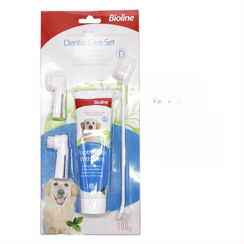 Bioline set zubnej pasty a kefy pre domáce zvieratá – pre psy a mačky, viac chutí, jedlá pasta, svieži dych, starostlivosť o ďasná a parodontálne zdravie