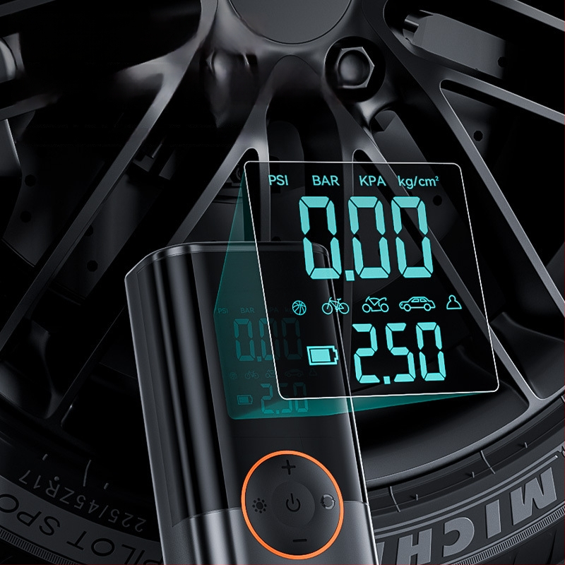 Automobilná pumpa na pneumatiky s integrovanou polymerovou batériou a núdzovým štartom — prenosný kompresor na pneumatiky, 14.8V, ≤80W, 25 L/min