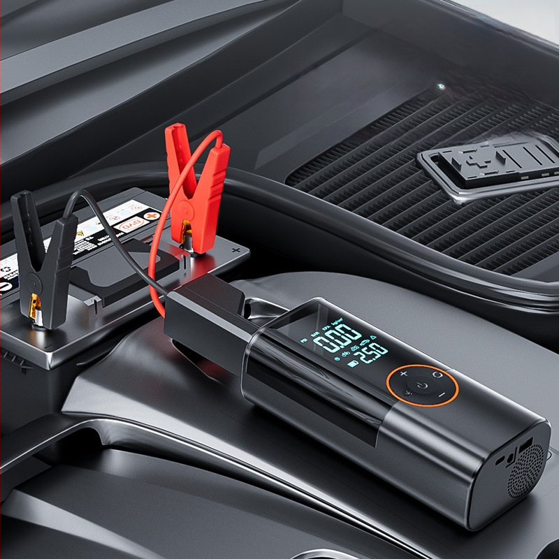 Automobilná pumpa na pneumatiky s integrovanou polymerovou batériou a núdzovým štartom — prenosný kompresor na pneumatiky, 14.8V, ≤80W, 25 L/min