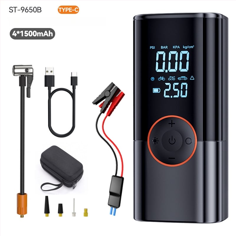 Automobilná pumpa na pneumatiky s integrovanou polymerovou batériou a núdzovým štartom — prenosný kompresor na pneumatiky, 14.8V, ≤80W, 25 L/min