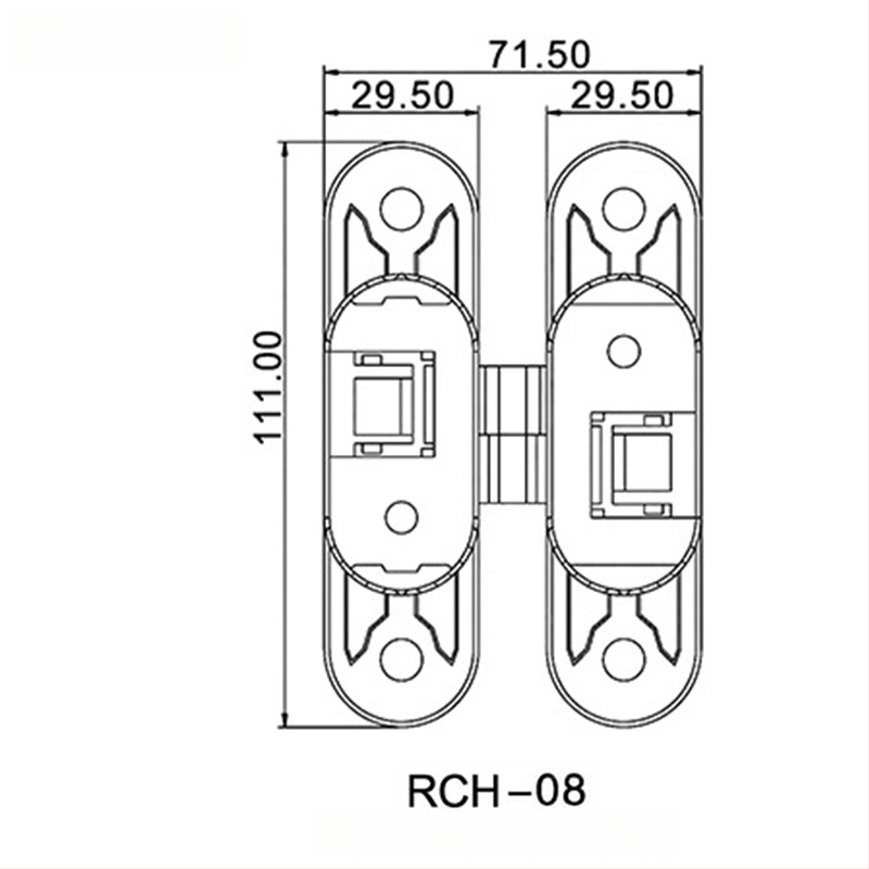Kolmemõõtmeline reguleeritav nähtamatu hinge – tsink sulamist, 180°, vasak-parem jaotus, peidetud uks, mudel RCH-08, tüüp H, 60 kg paari kohta