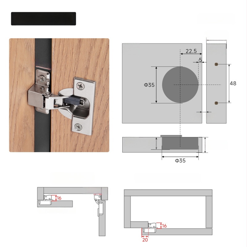 Záves na skrine s dvoufázovým silovým mechanizmom, ultra krátkou ramenou, tlmičom, pre úzke bočné panely, železo s niklovaným povrchom