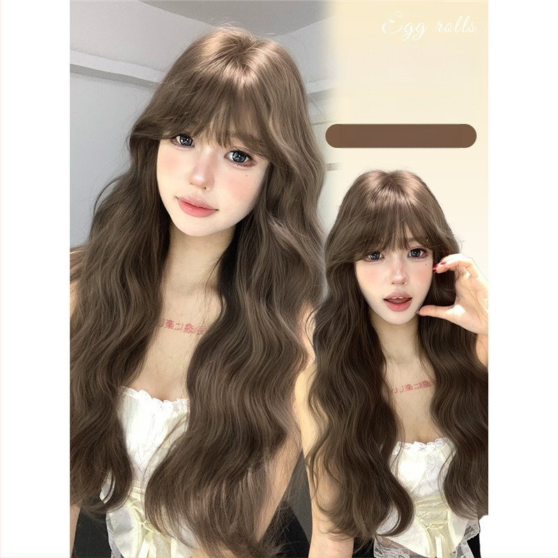 Shu Man Wig – Dlhé kučeravé parochne s rovnou ofinou, textúra vodných vlnení, vajcovité kučery, kompletný set na hlavu, vysokoteplotné hodvábne vlákna, nie je možné farbiť ani chemicky upravovať, prirodzený štýl