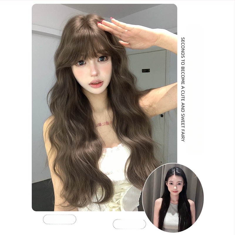 Shu Man Wig – Dlhé kučeravé parochne s rovnou ofinou, textúra vodných vlnení, vajcovité kučery, kompletný set na hlavu, vysokoteplotné hodvábne vlákna, nie je možné farbiť ani chemicky upravovať, prirodzený štýl