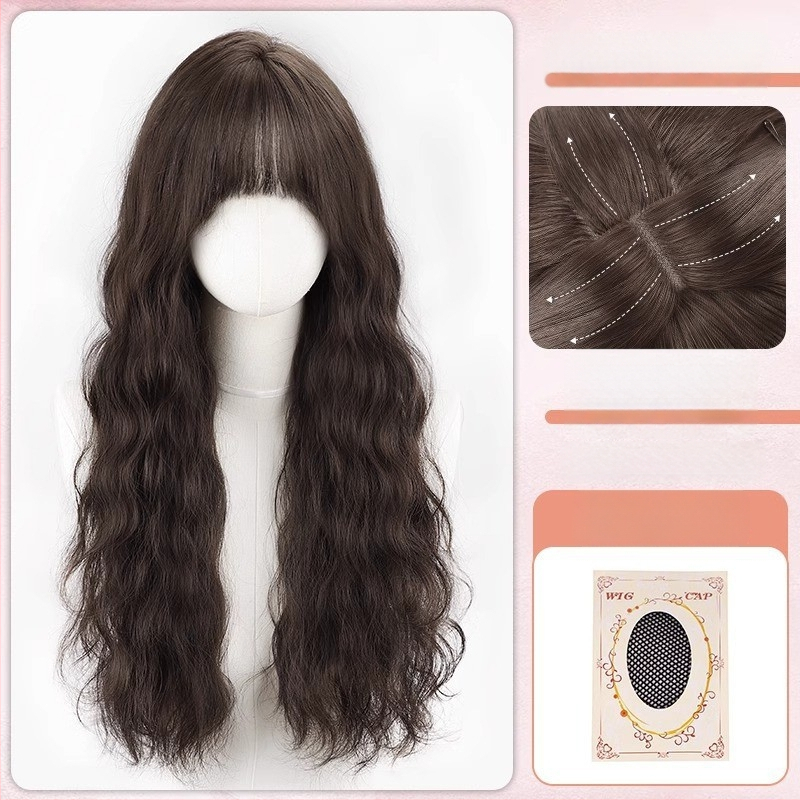 Shu Man Wig – Dlhé kučeravé parochne s rovnou ofinou, textúra vodných vlnení, vajcovité kučery, kompletný set na hlavu, vysokoteplotné hodvábne vlákna, nie je možné farbiť ani chemicky upravovať, prirodzený štýl