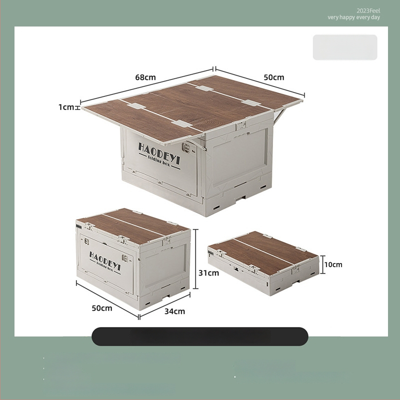 Zložiteľná kempingová úložná skrinka s kolieskami, 50L kapacita, PP + drevená doska, bočné otvorenie, viacúčelový organizér