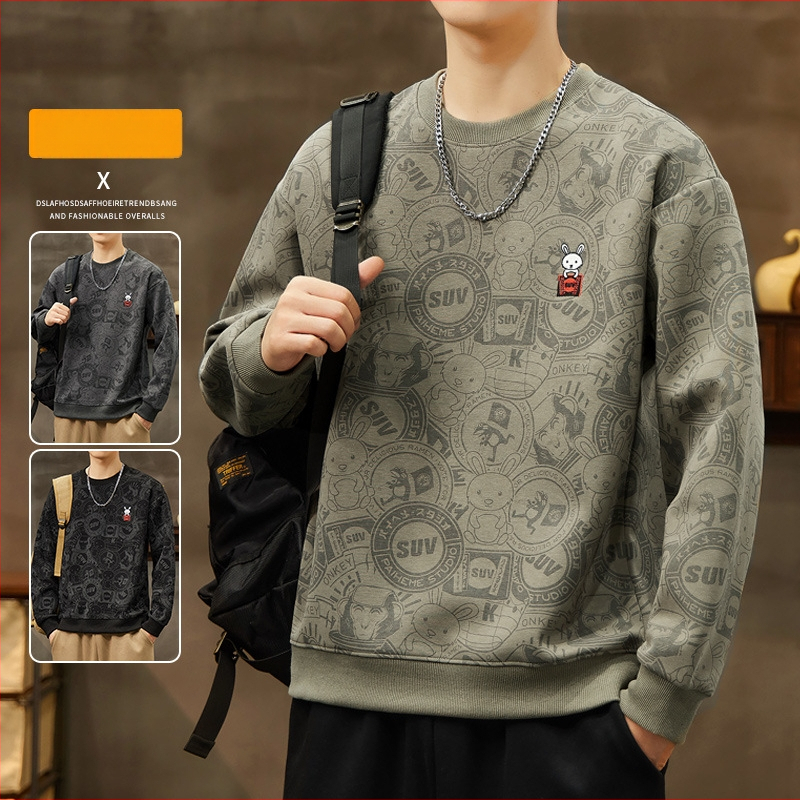 Pánska bavlnená mikina s výšivkou a zvieracím vzorom, voľný strih, dlhé rukávy, okrúhly výstrih