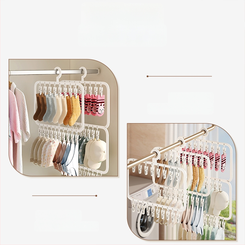 Sušiak na ponožky s viacerými klipsami – plastový vešiak, odolný voči vetru, na domáce aj balkónové použitie.