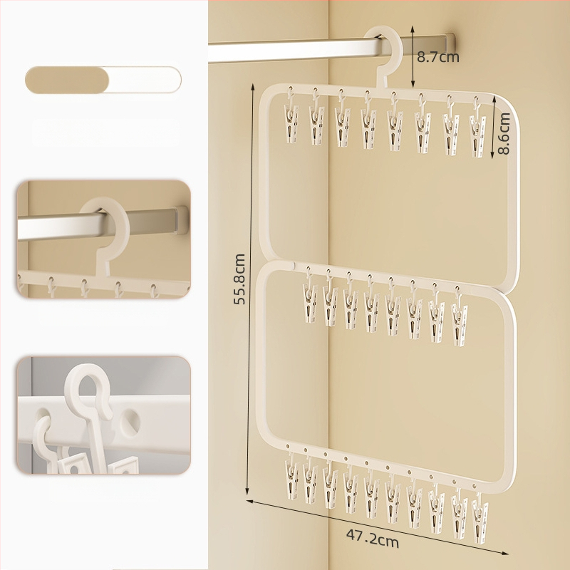 Sušiak na ponožky s viacerými klipsami – plastový vešiak, odolný voči vetru, na domáce aj balkónové použitie.