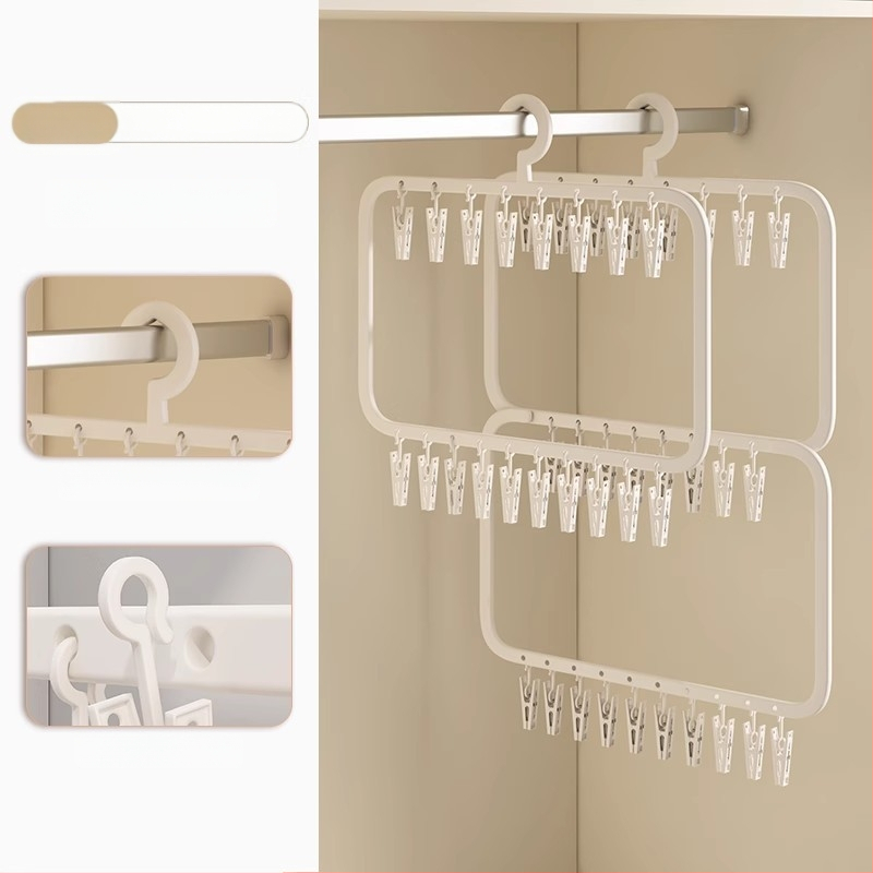 Sušiak na ponožky s viacerými klipsami – plastový vešiak, odolný voči vetru, na domáce aj balkónové použitie.