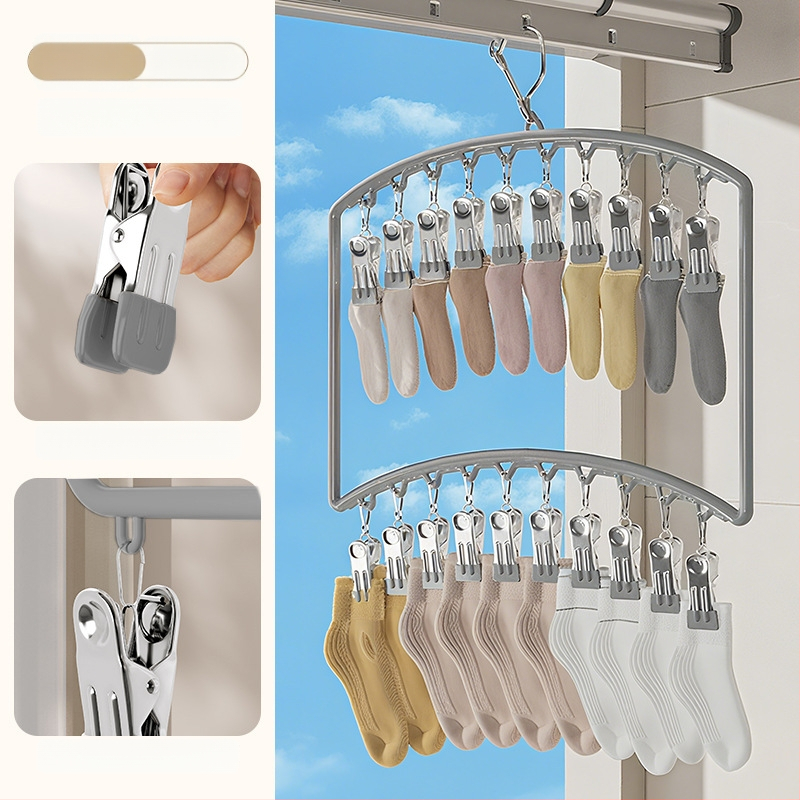 Sušiak na ponožky s viacerými klipsami – plastový vešiak, odolný voči vetru, na domáce aj balkónové použitie.