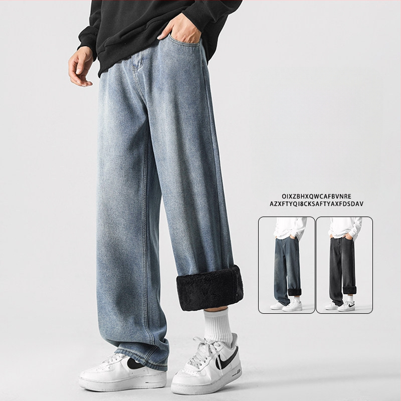 Meeste fliisvoodriga teksad, sirge lõige, tänav stiil, keskmise kõrgusega talje, tõmblukk