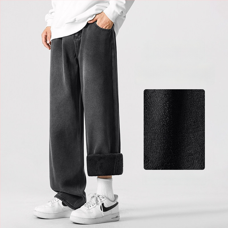 Meeste fliisvoodriga teksad, sirge lõige, tänav stiil, keskmise kõrgusega talje, tõmblukk