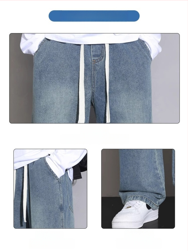 Meeste teksad sirge lõikega, pestud, keskmise talje, köisvöödiga sulgemine, denim, puuvill