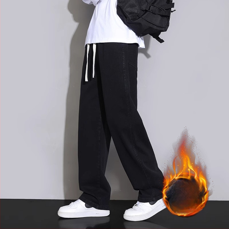 Meeste teksad sirge lõikega, pestud, keskmise talje, köisvöödiga sulgemine, denim, puuvill