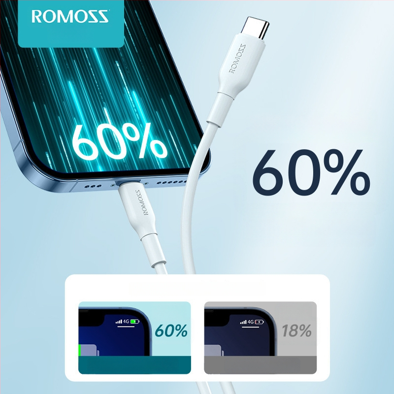 Romoss PD kiirlaadimise USB-kaabel – Lightning ja Type-C, 27W, ühildu Apple iPhone 8–14 ja iPad, TPE materjal