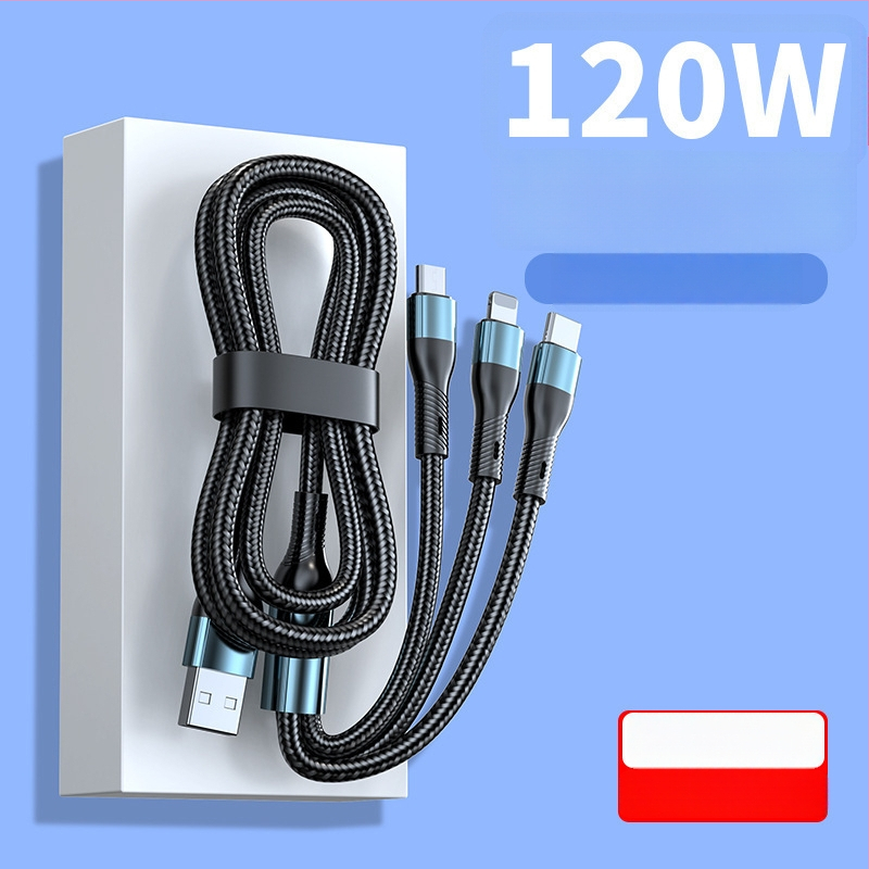 Punutud 3-ühes kiirlaadimise andmekabel: Lightning, Micro USB ja Type-C; maksimaalne väljundvõimsus 120W