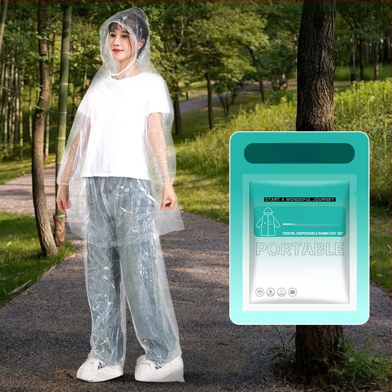 Integreeritud vihmaponcho koos pükstega, ühekordne, PE kangas, matkamiseks, täiskasvanutele