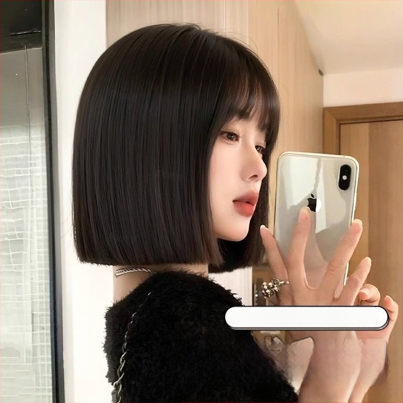 Parochňa na celú hlavu pre ženy, prirodzený vzhľad, krátky bob s rovnými ofinkami, tepelne odolné syntetické vlákna