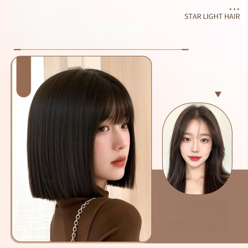 Parochňa na celú hlavu pre ženy, prirodzený vzhľad, krátky bob s rovnými ofinkami, tepelne odolné syntetické vlákna