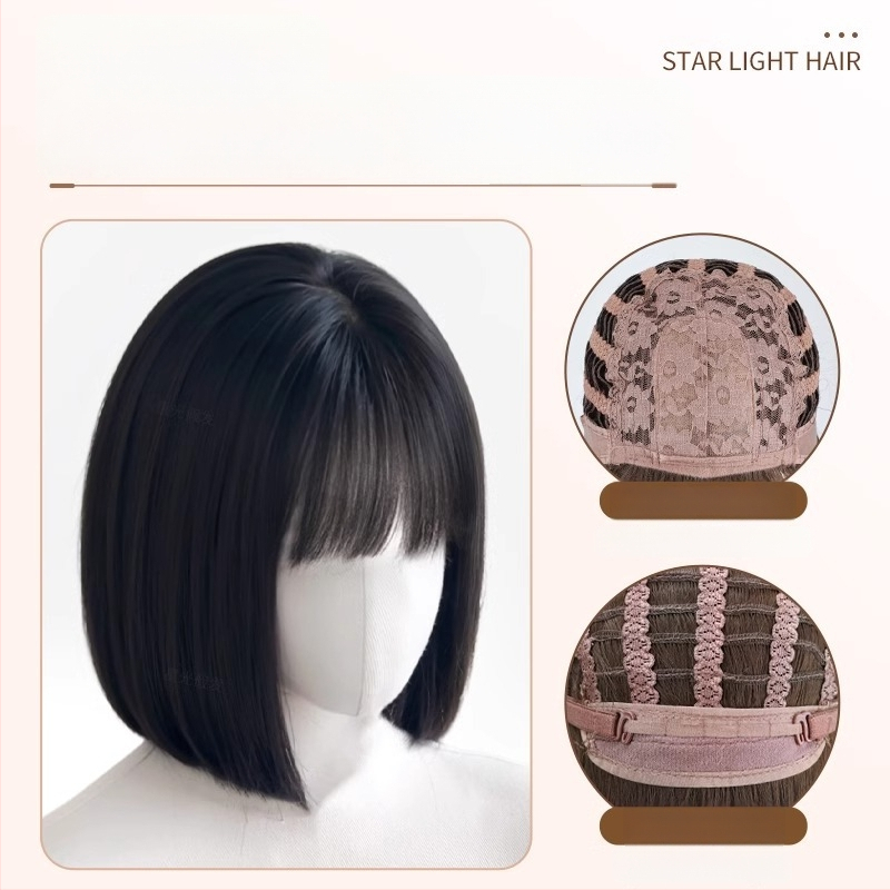 Parochňa na celú hlavu pre ženy, prirodzený vzhľad, krátky bob s rovnými ofinkami, tepelne odolné syntetické vlákna