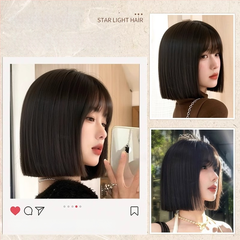 Parochňa na celú hlavu pre ženy, prirodzený vzhľad, krátky bob s rovnými ofinkami, tepelne odolné syntetické vlákna