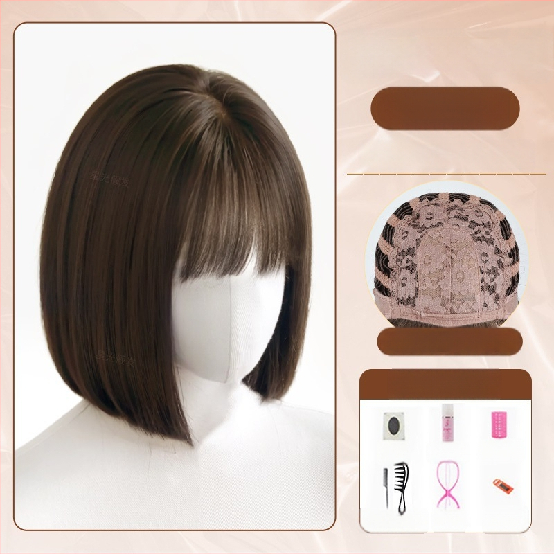 Parochňa na celú hlavu pre ženy, prirodzený vzhľad, krátky bob s rovnými ofinkami, tepelne odolné syntetické vlákna