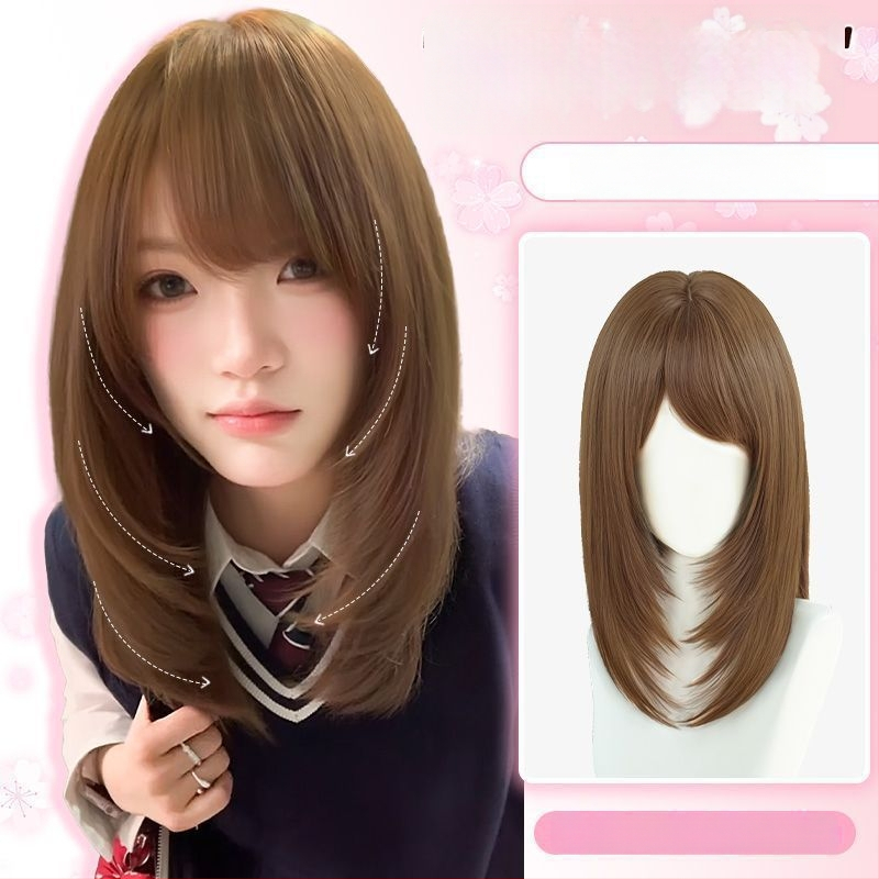 Parochňa s dlhými rovnými vlasmi a šikmými ofinkami, prirodzený vzhľad, model X-129, mechanické spracovanie, vlasy z vysokoteplotného hodvábu